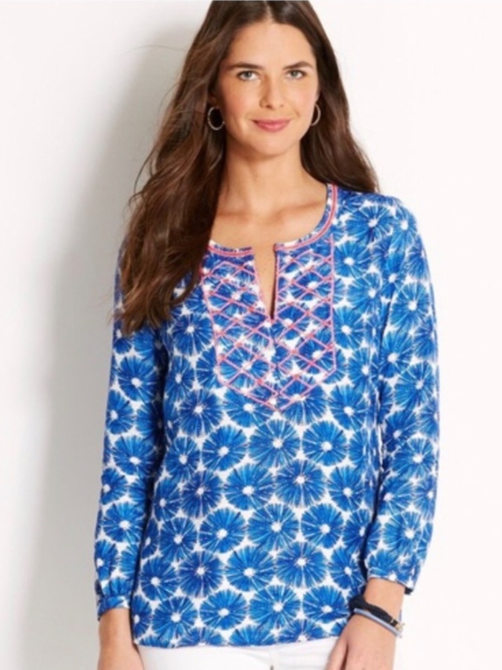Vineyard Vines Blue White Floral Print Pink Beaded Split V-Neck Tunic Top